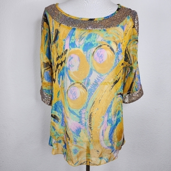 NEW YELLOW URBAN MANGOZ SIZE S, SEQUINS MULTICOLOR BLOUSE FALL SHEER AQUA - Picture 6 of 17